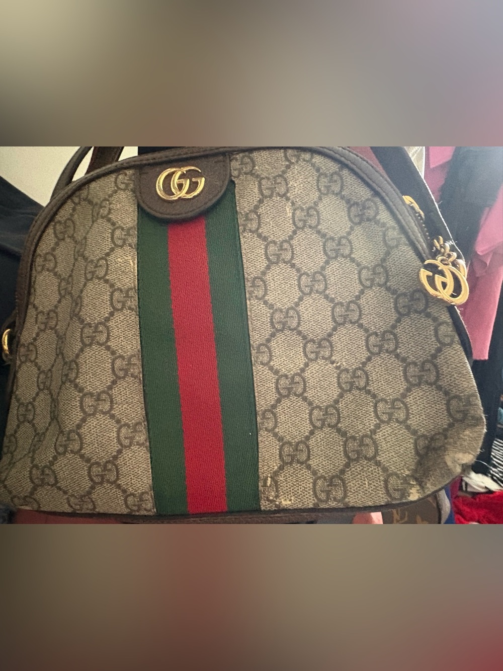 Gucci Ophedia Dome Beige and Brown Crossbody Bag with Red and Green Stripe - Picture 9 of 11